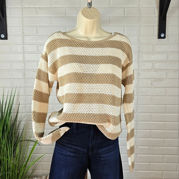 Banana Republic Sweaters - Banana Republic Striped Beige and Cream Open Knit Sweater Oversized Extra Small